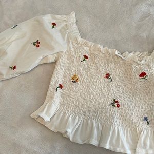 White smocked and embroidered crop top